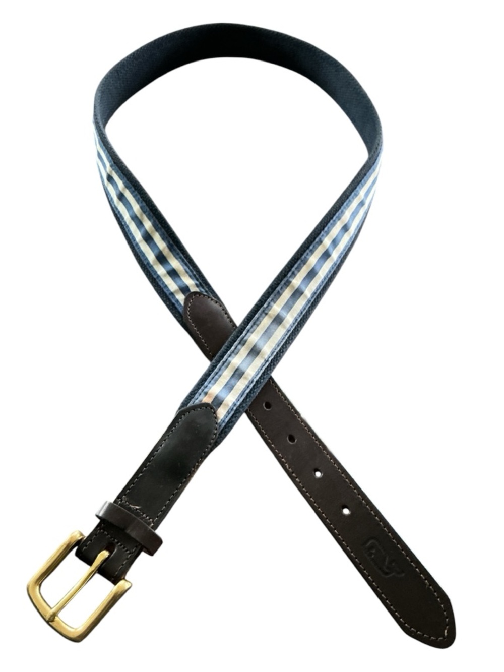 Vineyard Vibes Men's Blue Stripe Canvas Leather Belt Size 40 Preppy Collegiate